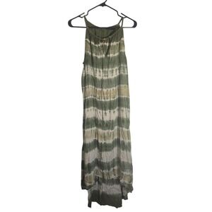 Mille Gabrielle Tie Dye Maxi Dress Halter Neck Gold Accent Green White L